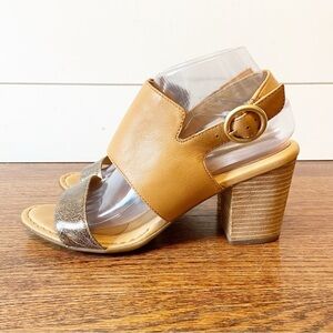 Crown by BORN | Leather Sling Back Metallic Block Heeled Sandals Size 9